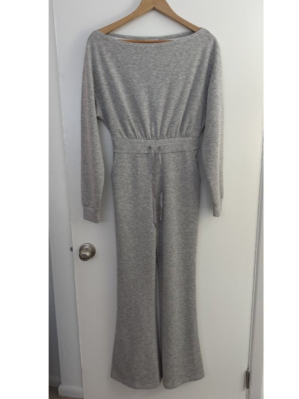 Pink Lily Heather Gray Off Shoulder Wide Leg Jumpsuit Size Small